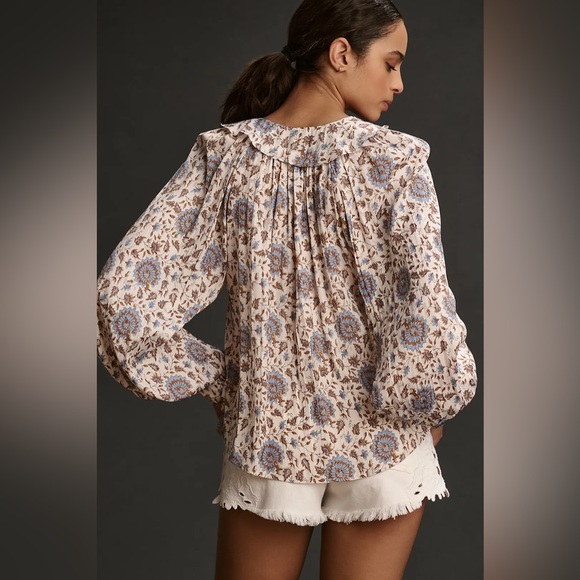 By Anthropologie Button-Front Peasant Blouse Cream Brown and Blue Small - Picture 2 of 8